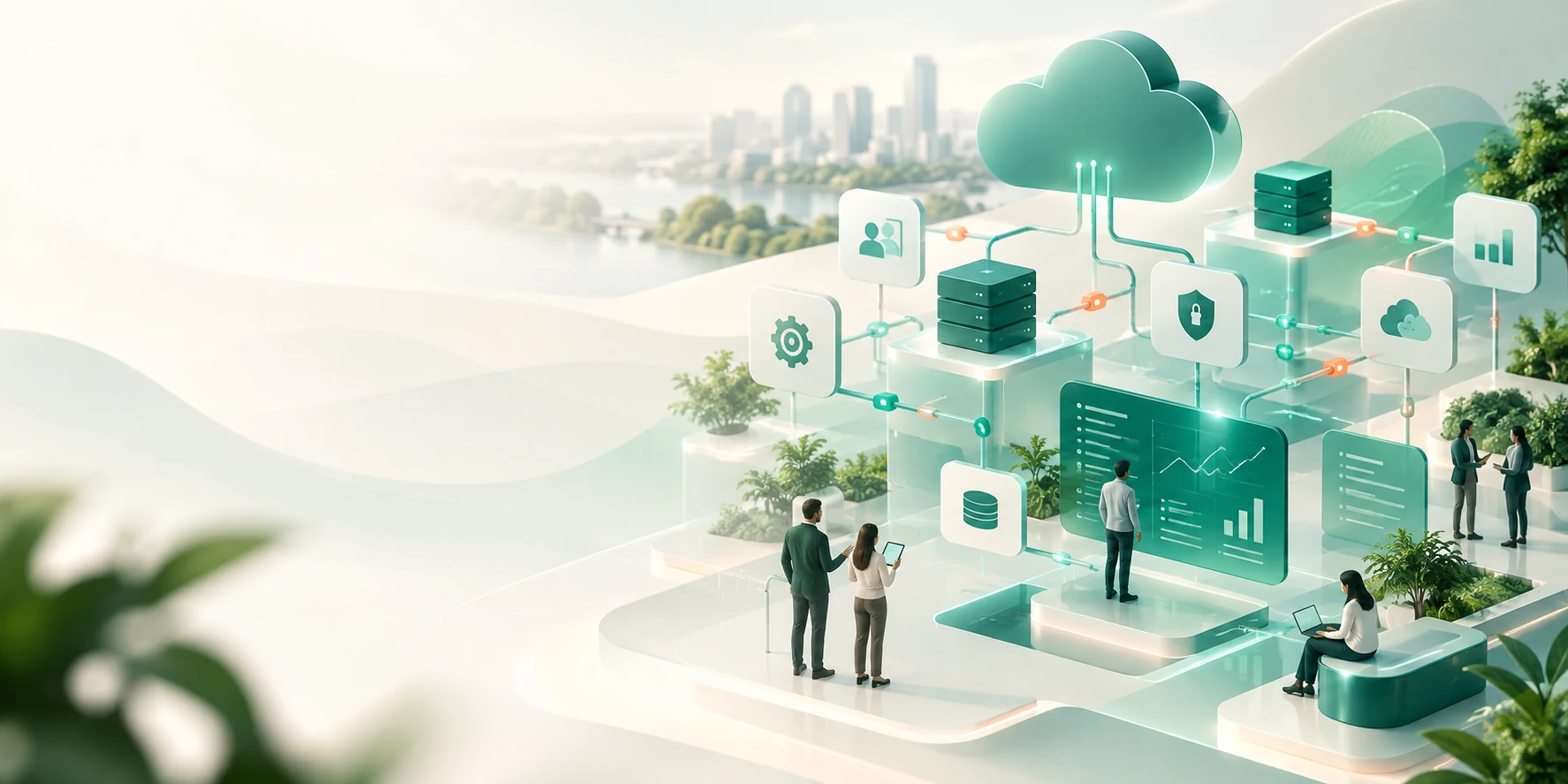 Connected digital platform illustration representing bespoke engineering, secure cloud services and complex systems