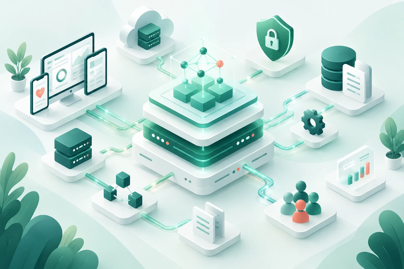 Illustration of modular platform infrastructure connecting apps, cloud services, security, data, automation and analytics